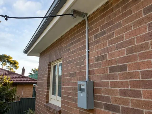 Overhead service cable and bracket on a brick house exterior beside a meter box in Broadmeadow